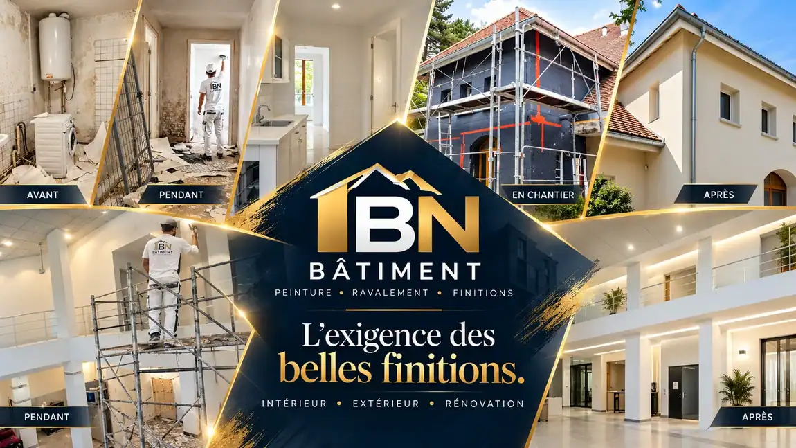 Visuel publicitaire conceptuel généré numériquement : Signature visuelle BN BÂTIMENT, ne représentant pas nécessairement les chantiers réalisés